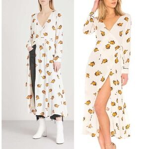 GANNI Roseburg White & Orange Floral Crepe Long Sleeve Midi Wrap Dress Sz 4